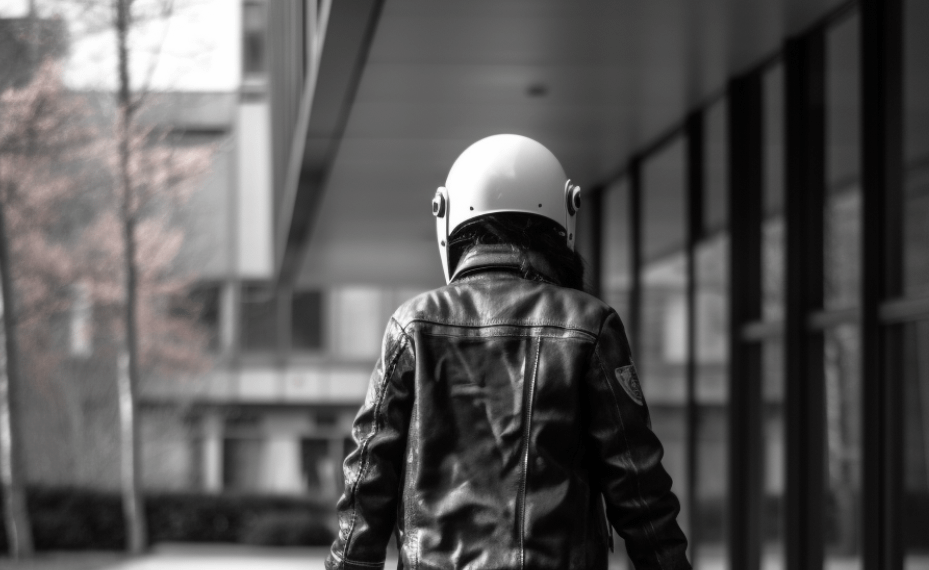 A person in a biker jacket and helmet walking